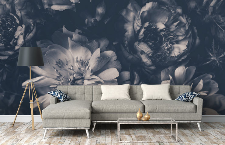 black and white floral wallpaper in trendy grey lounge