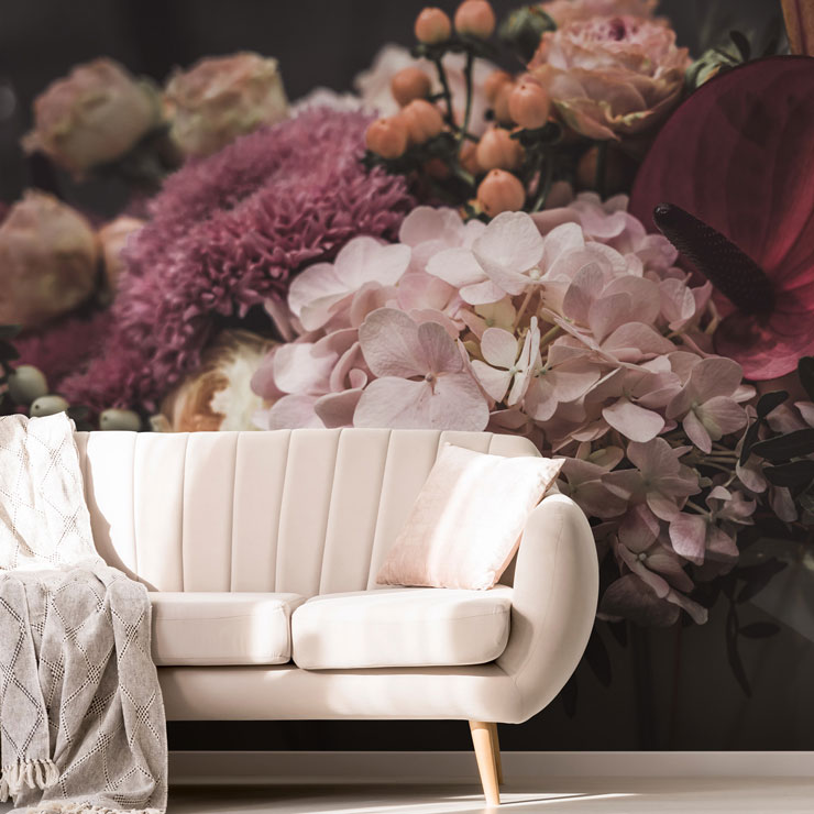 dusty pink flowers wallpaper in trendy living room