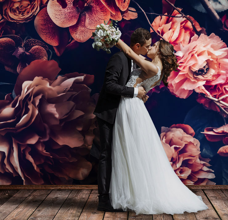dark floral wedding selfie backdrop