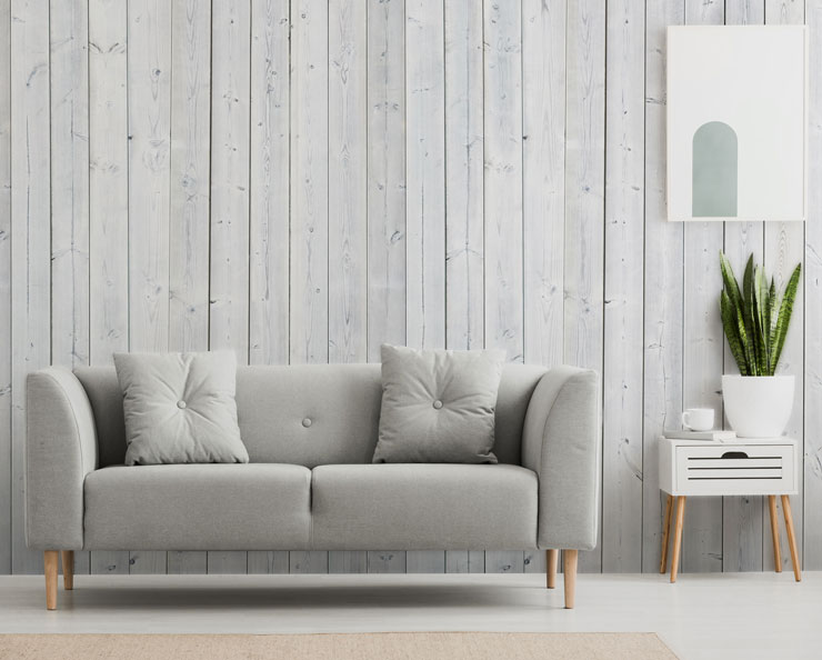 white wood panel wallpaper in grey modern lounge
