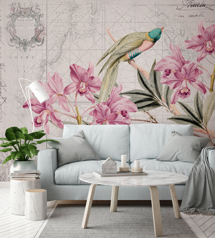 vintage map wallpaper with tropical bird and plants in stylish lounge
