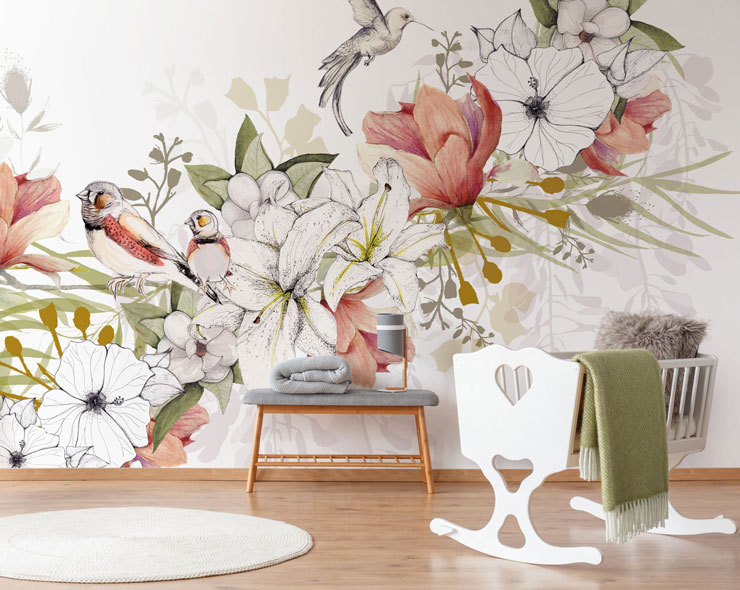 delicate flower and bird wallpaper in beautiful nursery