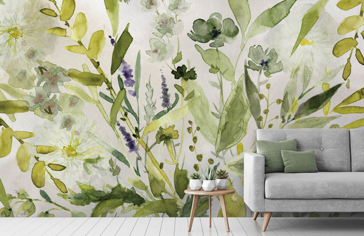 leafy green wallpaper in relaxing lounge