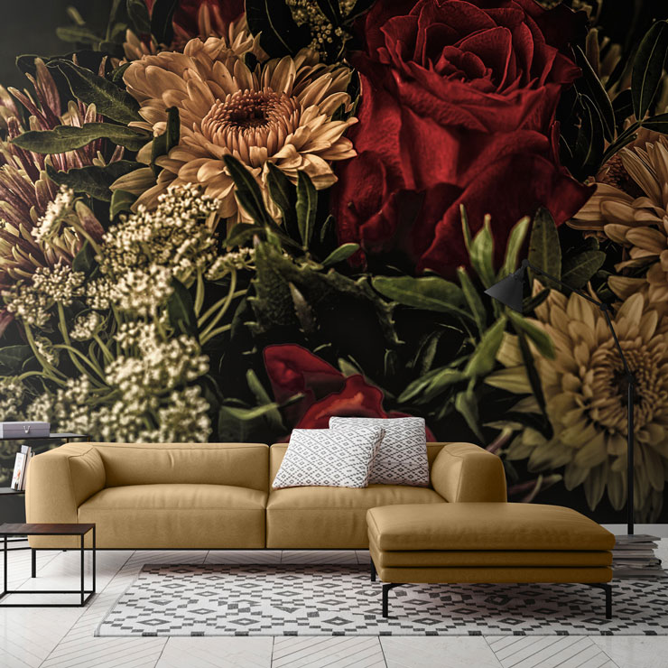 sepia toned flower painting in lounge with mustard chair
