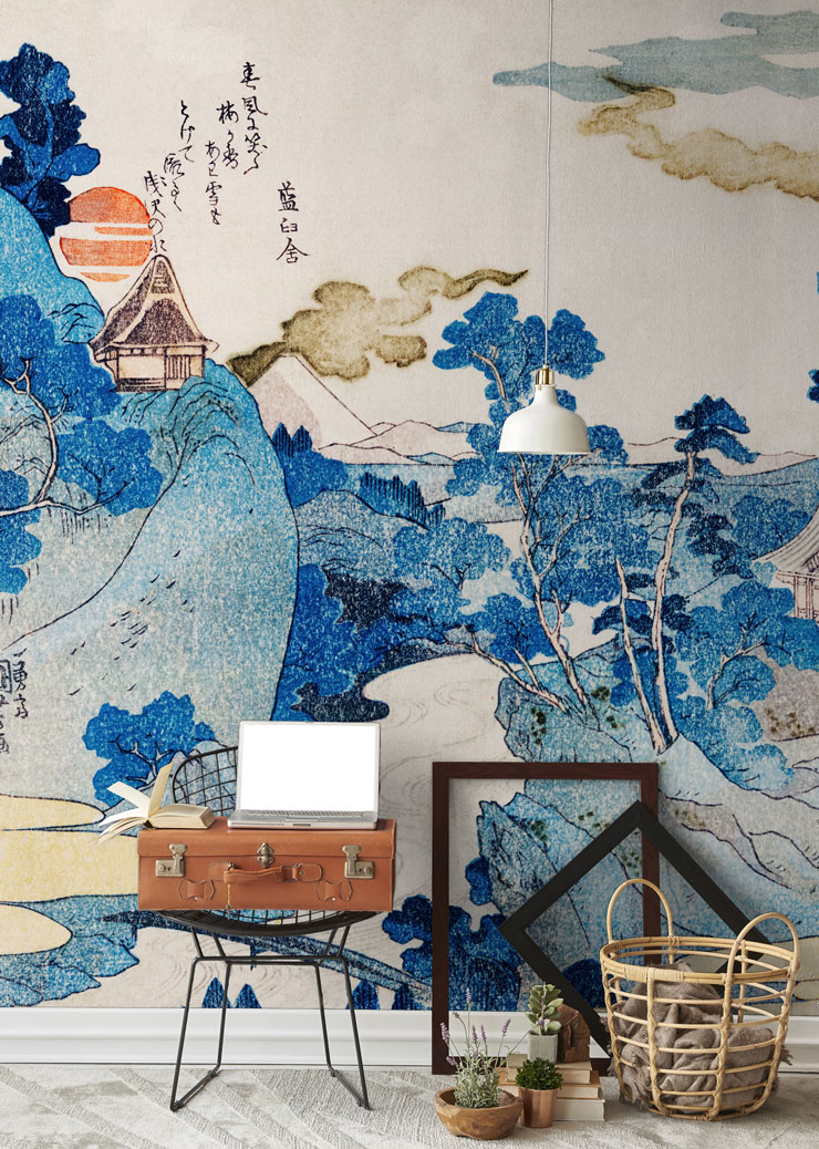 blue, white and orange oriental landscape wall mural in travel themed room