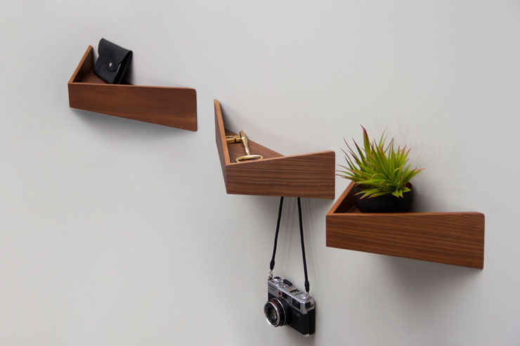 triangular wooden wall shelves