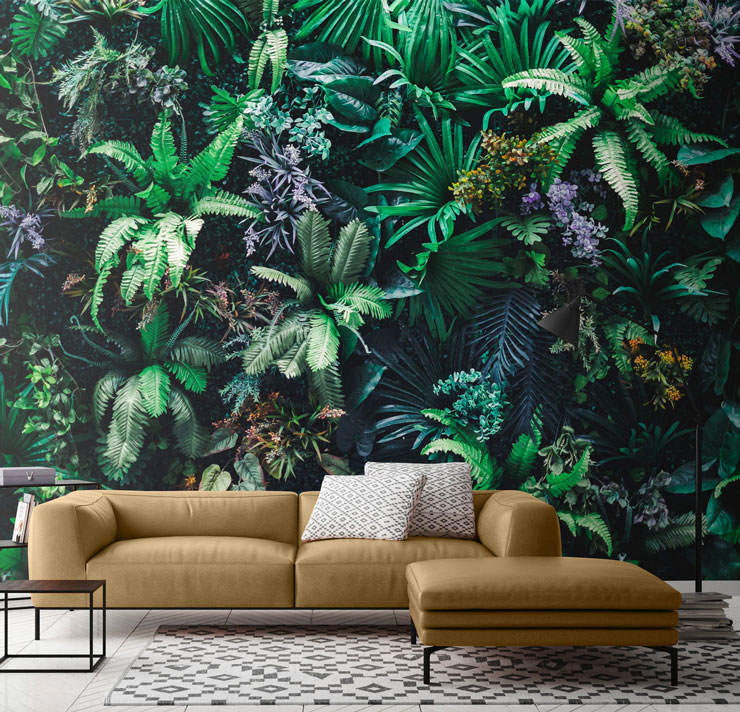 green and purple leafy wall in trendy lounge