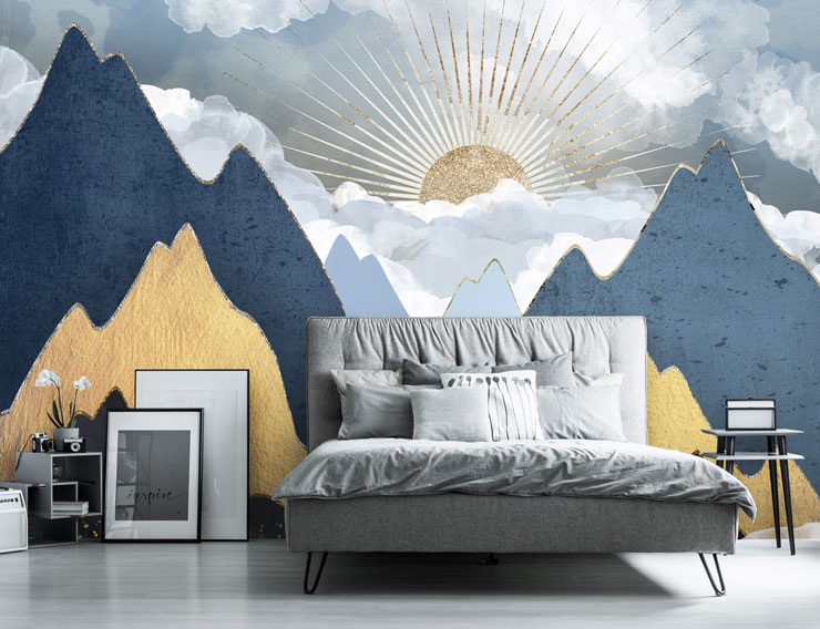 gold, navy and grey art deco mountain design wallpaper in grey bedroom