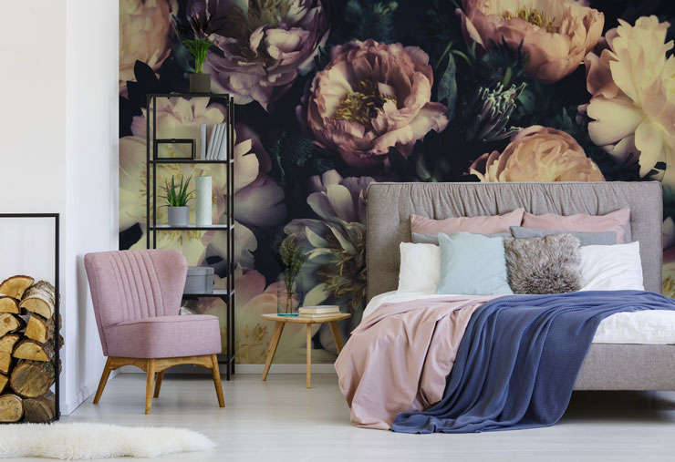 pastel purple and white rose dark floral wallpaper in pink and grey bedroom