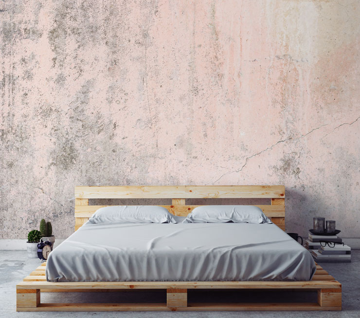 pink concrete wall in minimalist bedroom