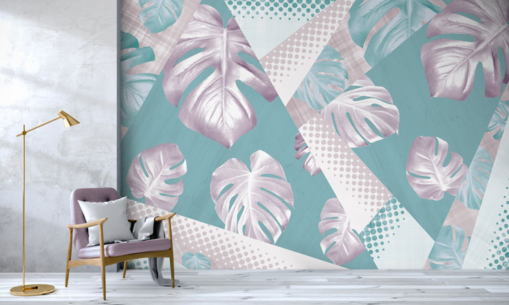 pastel purple and blue palm leaf mural in minimalist room