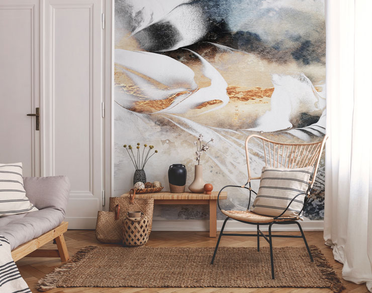 abstract white, gold and black wallpaper in boho small lounge