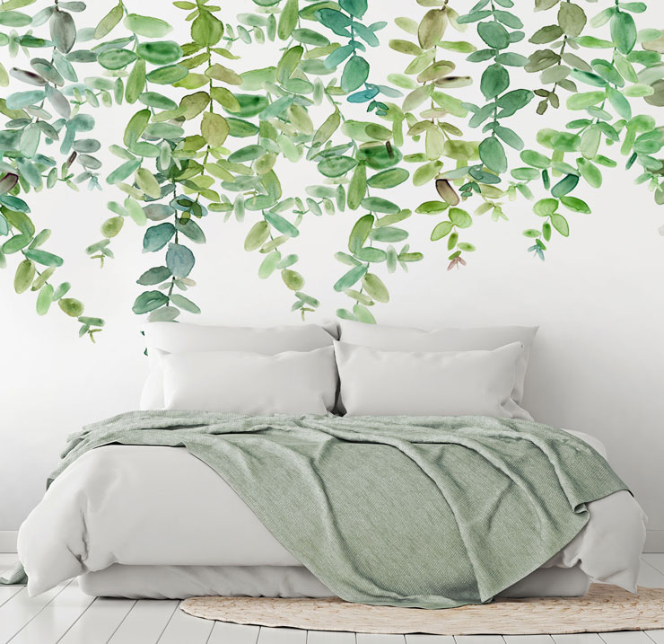 green leaf painted wallpaper in minimalist bedroom