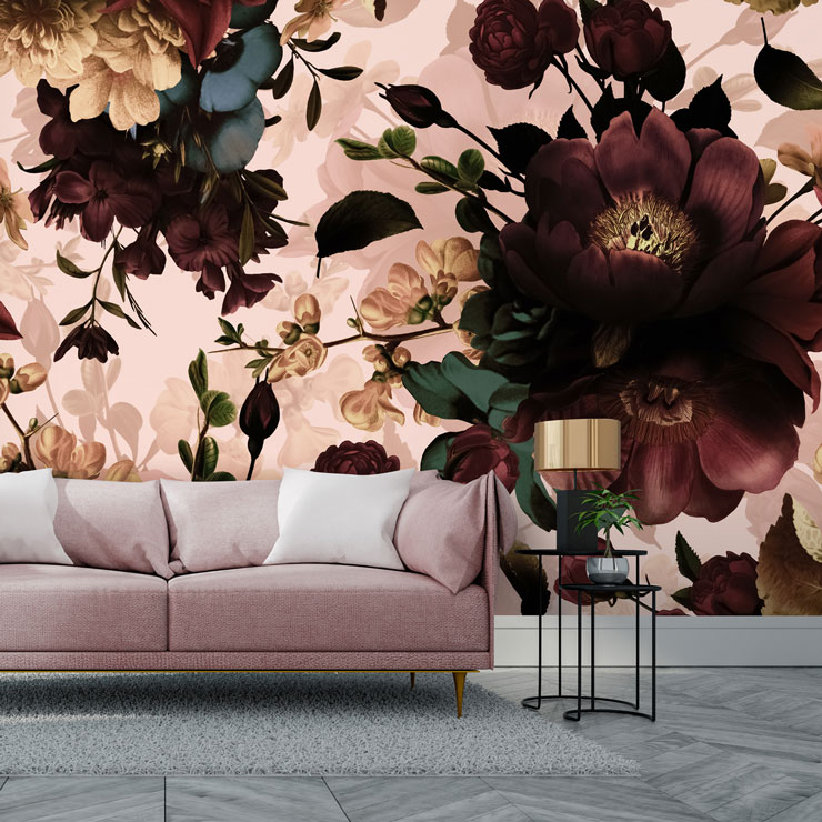 burgundy flowers on blush pink backdrop in stylish living room