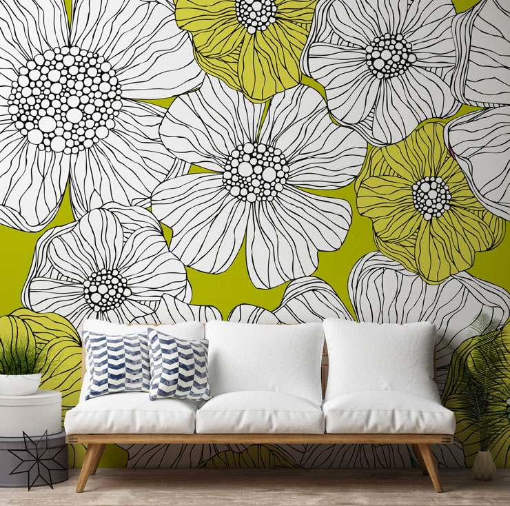 lime yellow and white large flowers mural with scandi white sofa