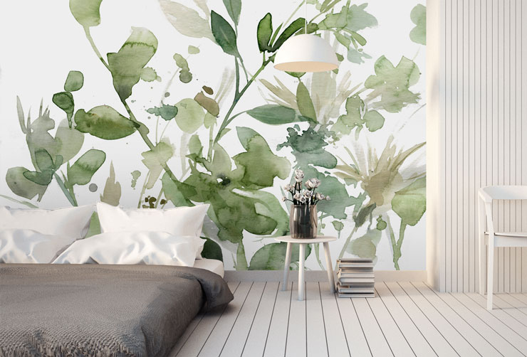 watercolour green floral wallpaper in minimalist bedroom