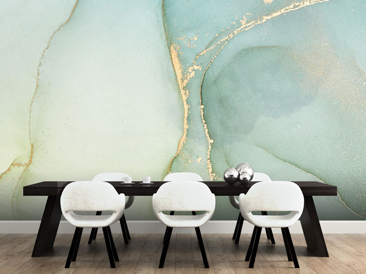 teal marble wall mural in modern dining room