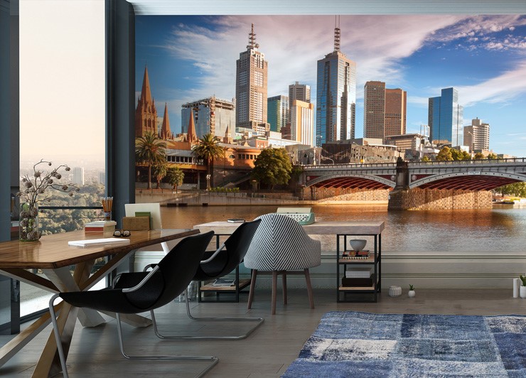 melbourne city wallpaper in modern home office