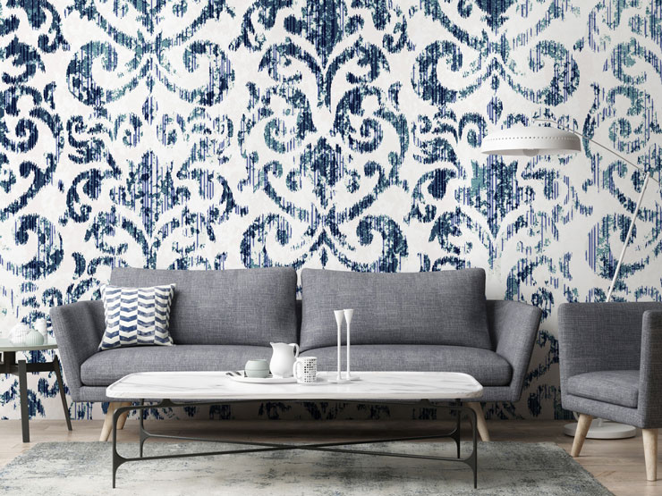 printed blue and white vintage wallpaper in grey lounge