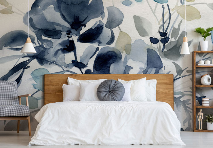 blue floral watercolour wallpaper in sophisticated master bedroom