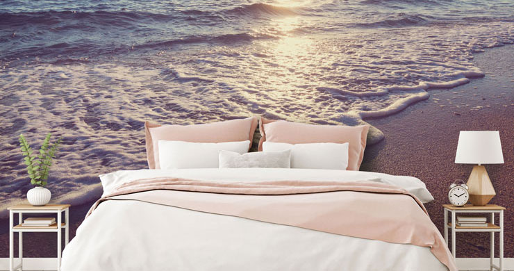 Sunset beach wallpaper in pretty bedroom