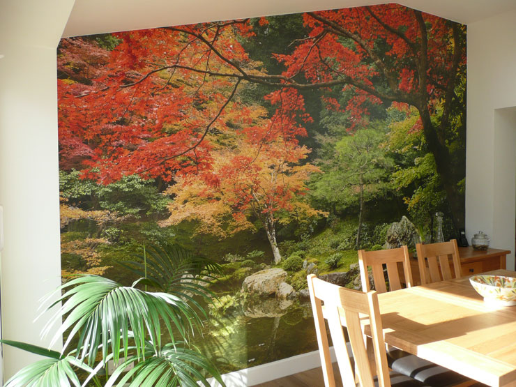 autumnal japanese garden with pond wall mural in pine wooden dining room