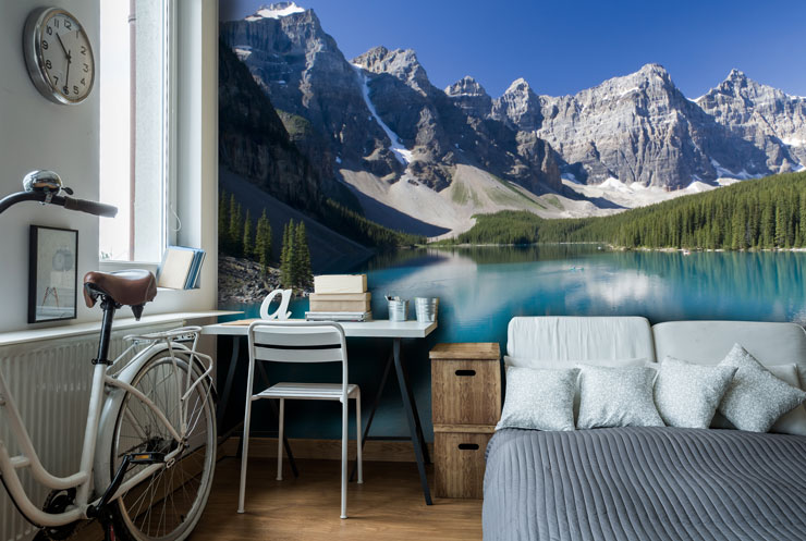 snowy mountains with sky blue lake in a trendy bedroom