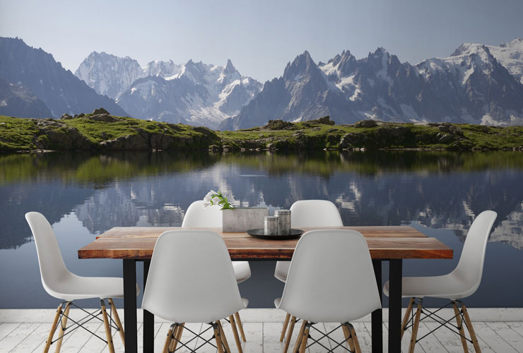 stretch of alpine mountains and lake in modern dining room
