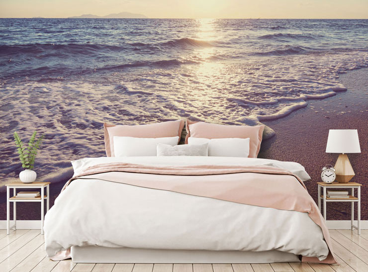 pink and white sunset beach in beautiful master bedroom