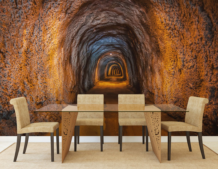 bronze coloured tunnel wallpaper in sheek dining room