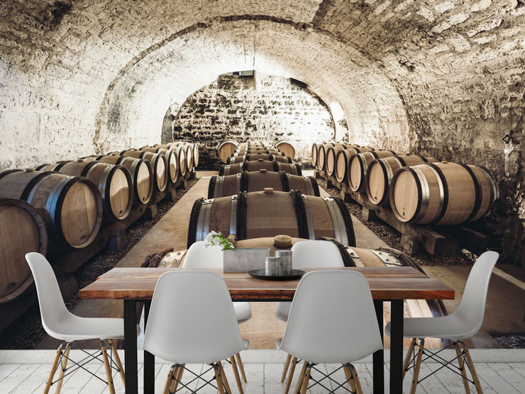 rustic wine cellar mural in dining area