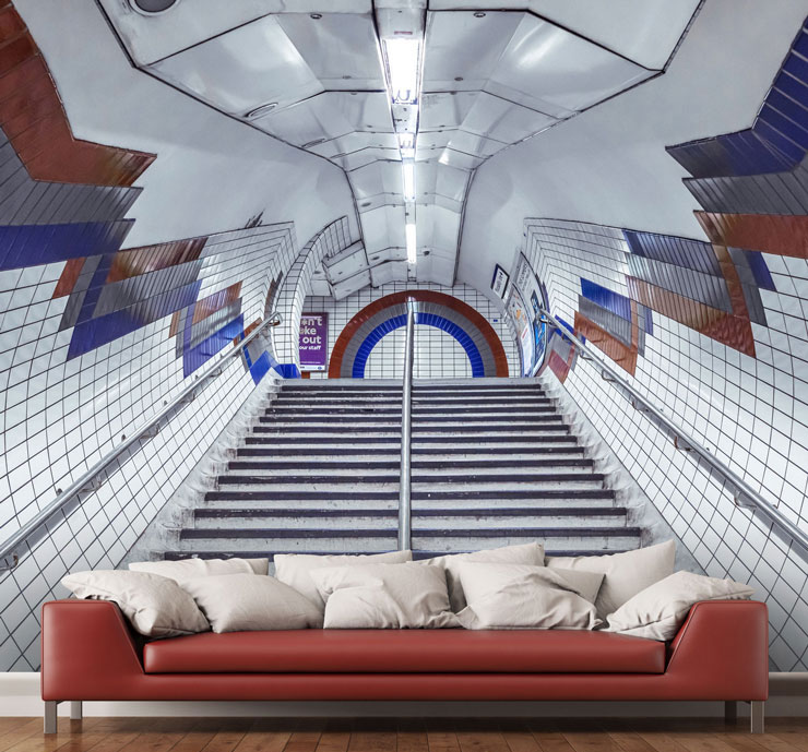 red, blue and white underground stairs wall mural with red sofa