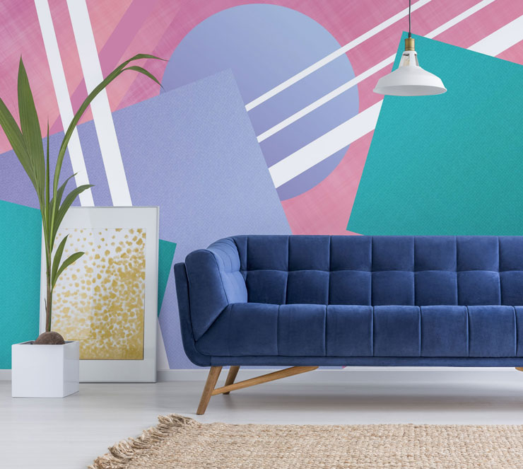 bahaus bright pastel shapes mural in trendy lounge