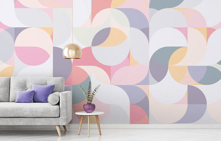 pastel circles and waves shapes wallpaper in modern home