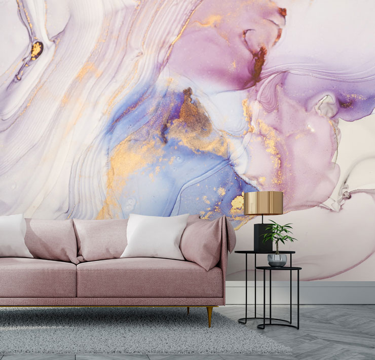 lilac, pink and gold effect marble wallpaper in pink and rose gold themed lounge