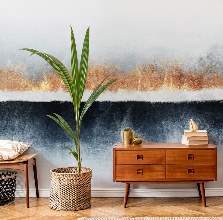 navy, gold and white lined artistic wallpaper in trendy hallway