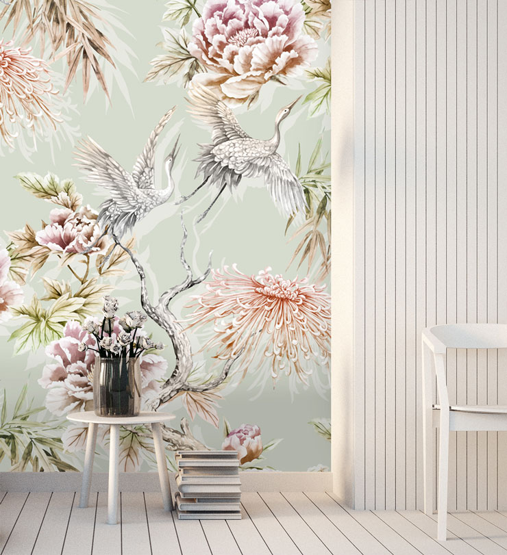 pale green, pink floral and bird chinoiserie wallpaper in beautiful hallway