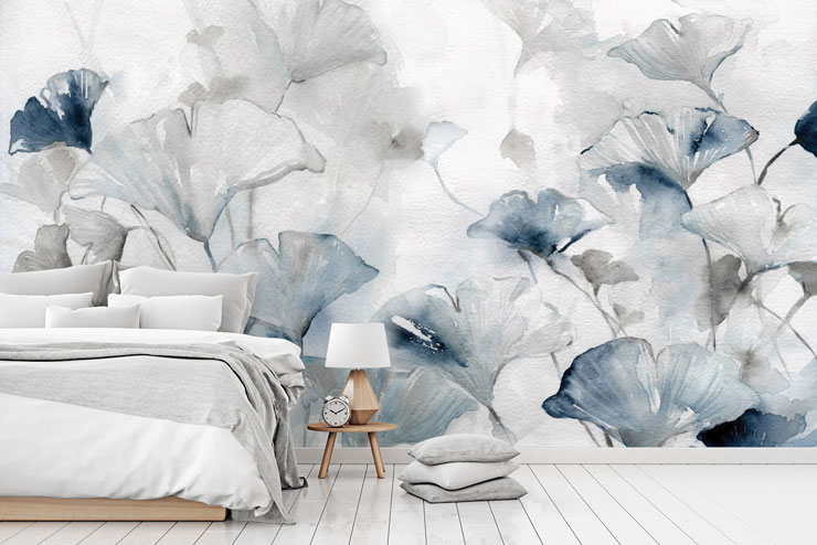 watercolour blue and white flowers in white and grey bedroom