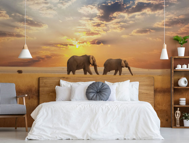 two elephants walking in dry landscape under sunset sky wall mural in stylish master bedroom