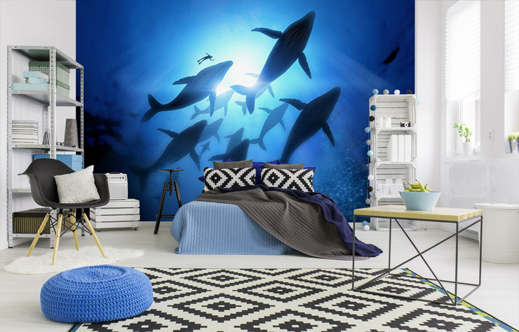 underneath whales swimming sealife wallpaper in large and trendy bedroom