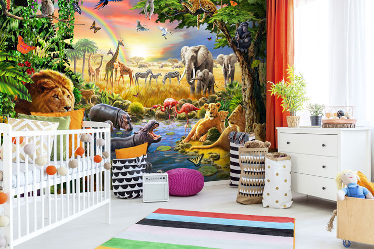 colourful and detailed illustration of safari wildlife wallpaper in stylish nursery