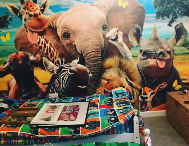 friendly african animals taking a selfie wallpaper in colourful child's bedroom