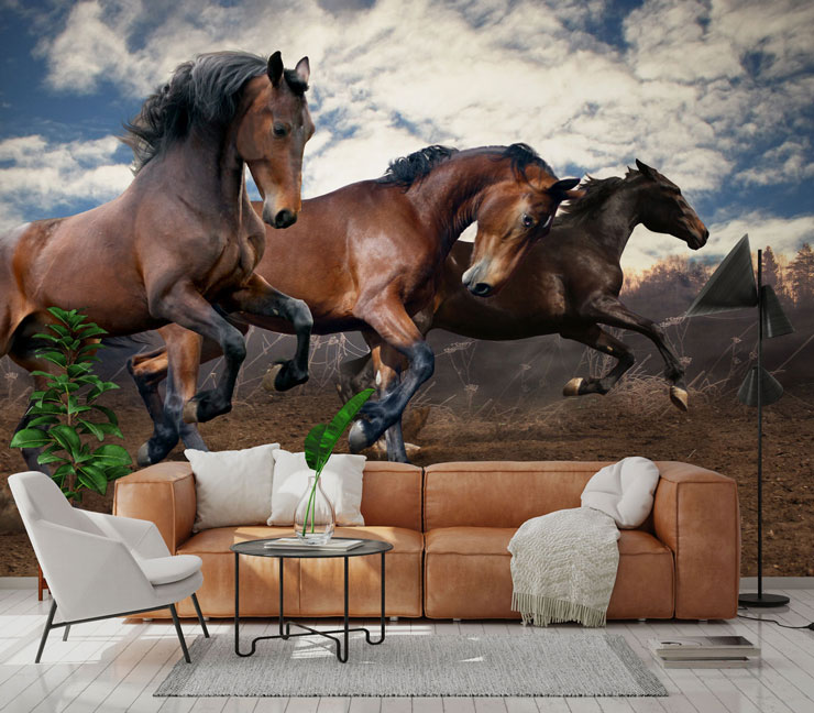 herd of brown wild horses leaping in air in tan and cream lounge