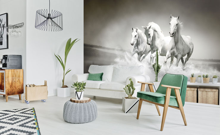 black and white image of horses running on a beach wallpaper in stylish lounge