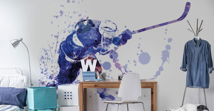 blue and white watercolour painting of ice hockey player in teenage boys bedroom