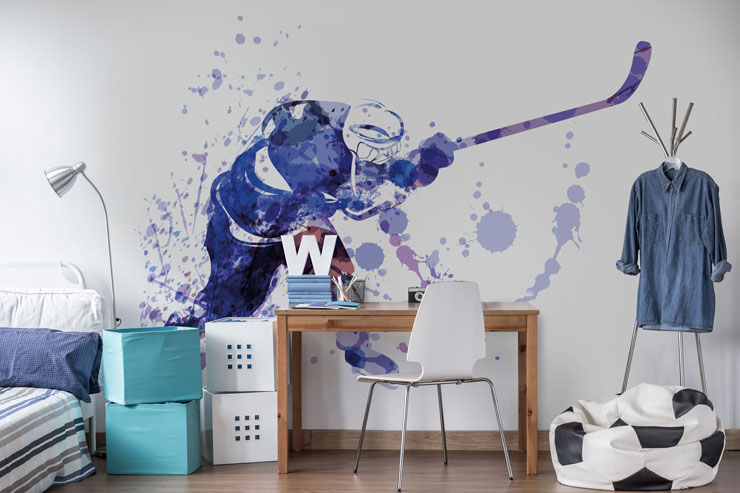 blue and white watercolour painting of hockey player in teen bedroom