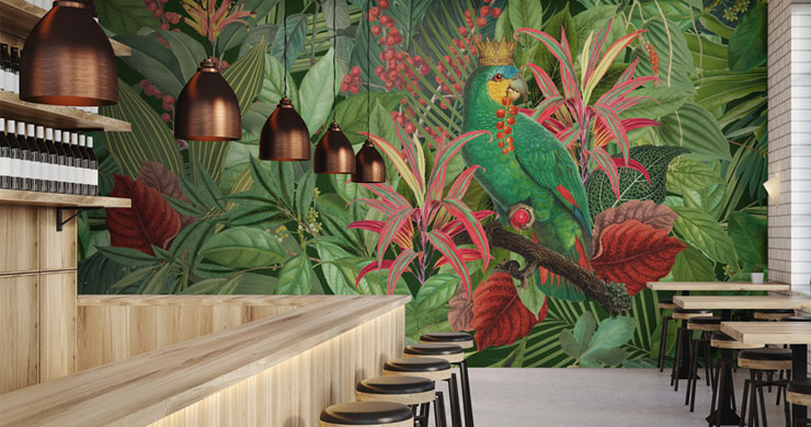 illustrated colourful parrot in jungle wallpaper in trendy restaurant