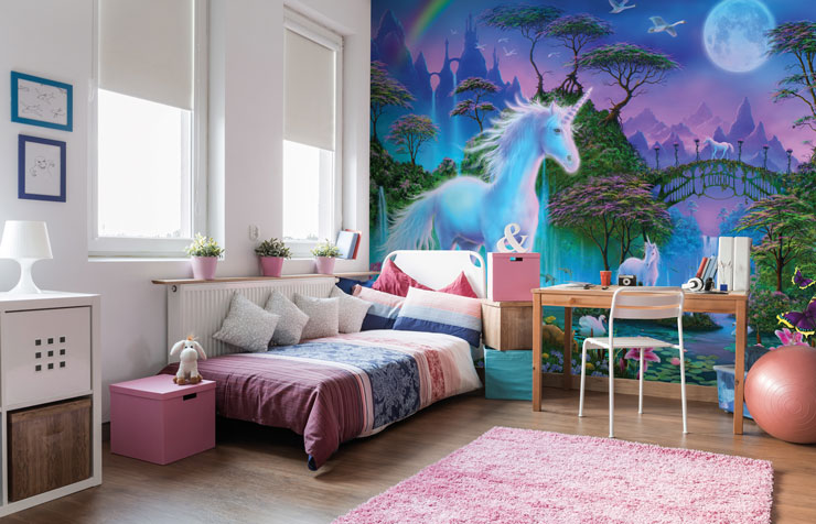 magical unicorn land wall mural in pink and white child's bedroom