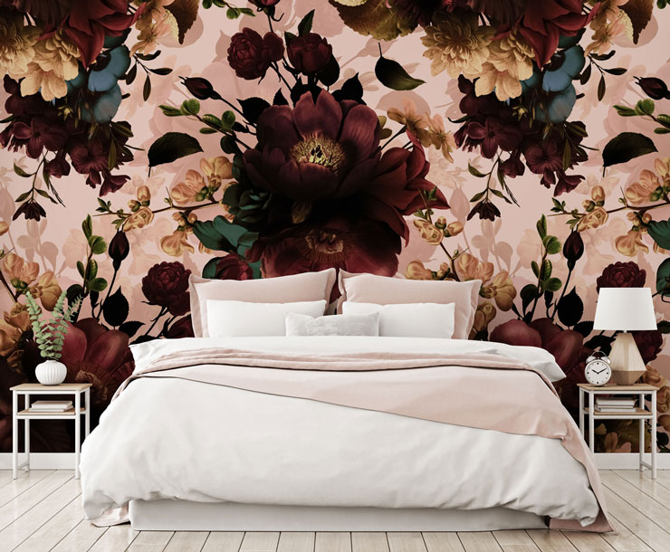 dusty pink and maroon floral wallpaper in bedroom
