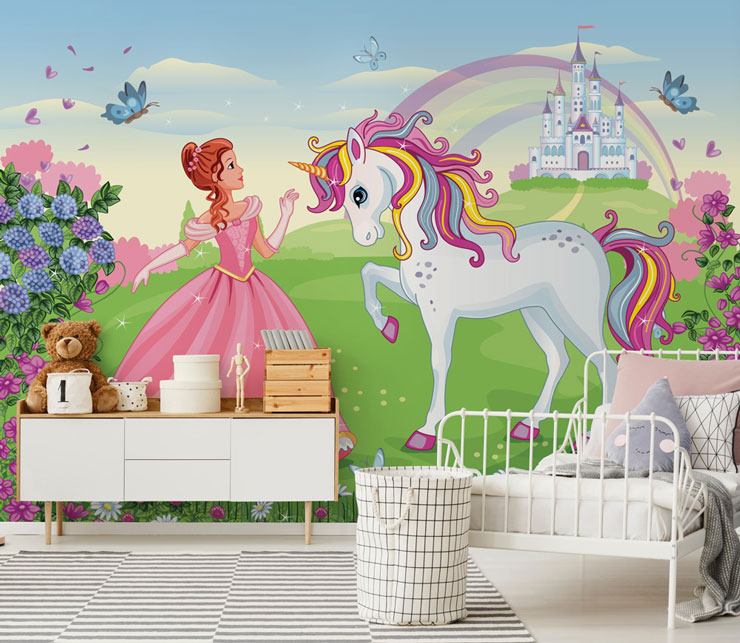 cartoon princess in pink dress with white unicorn with colourful mane wallpaper in girl's bedroom